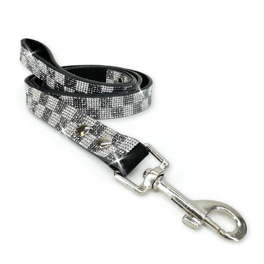 Luxury Light Grey Check Dog Leash – Silver Hardware | Soft Vegan Leather, 42” Length with 360° Clip