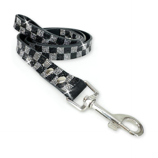 Luxury Dark Grey Check Dog Leash – Silver Hardware | Soft Vegan Leather, 42” Length with 360° Clip
