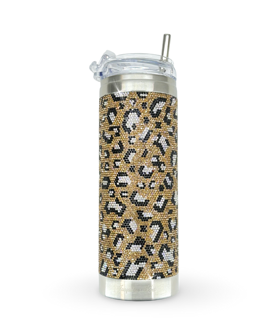Crystal-Embellished 20oz Stainless Steel Tumbler – Golden Leopard