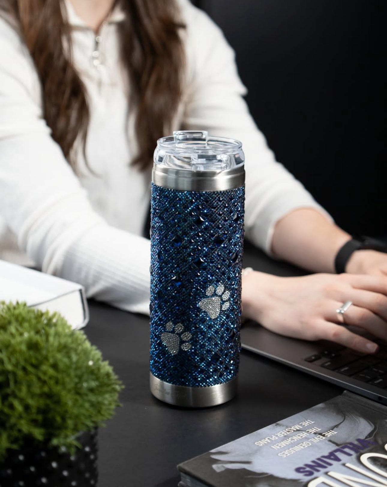Crystal-Embellished 20oz Stainless Steel Tumbler – Puppy Paw Blue