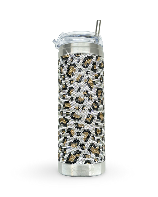 Crystal-Embellished 20oz Stainless Steel Tumbler – Silver Leopard
