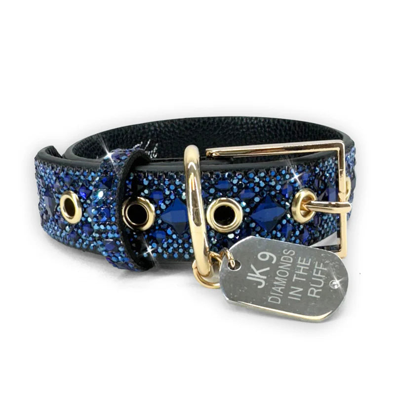 Luxury Blue Dog Collar – Gold Hardware | Soft Vegan Leather, Adjustable Sizes