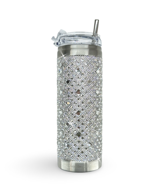 Crystal-Embellished 20oz Stainless Steel Tumbler – Silver Diamond