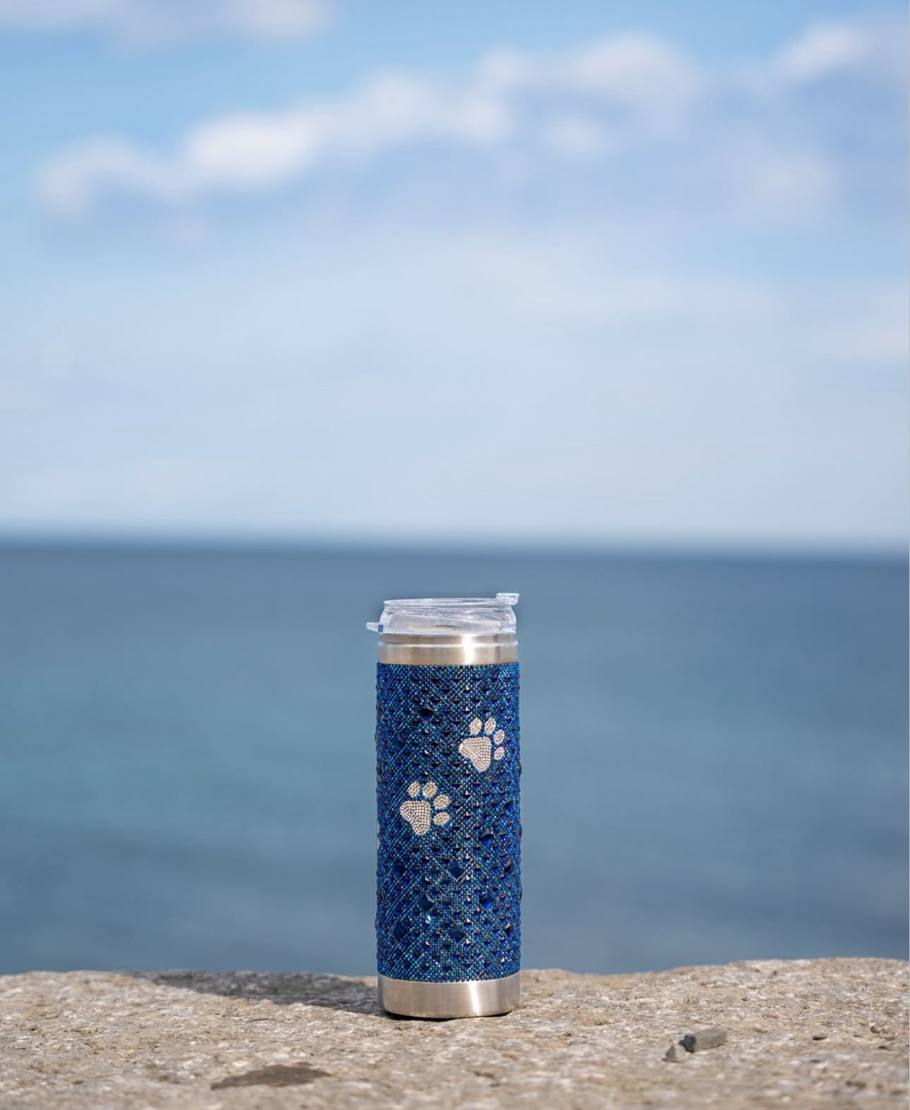 Crystal-Embellished 20oz Stainless Steel Tumbler – Puppy Paw Blue