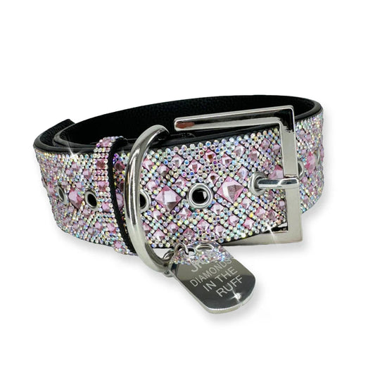 Luxury Baby Pink Print Dog Collar – Silver Hardware | Soft Vegan Leather, Adjustable Sizes