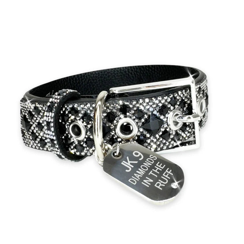 Luxury Black Diamond Print Dog Collar – Silver Hardware | Soft Vegan Leather, Adjustable Sizes