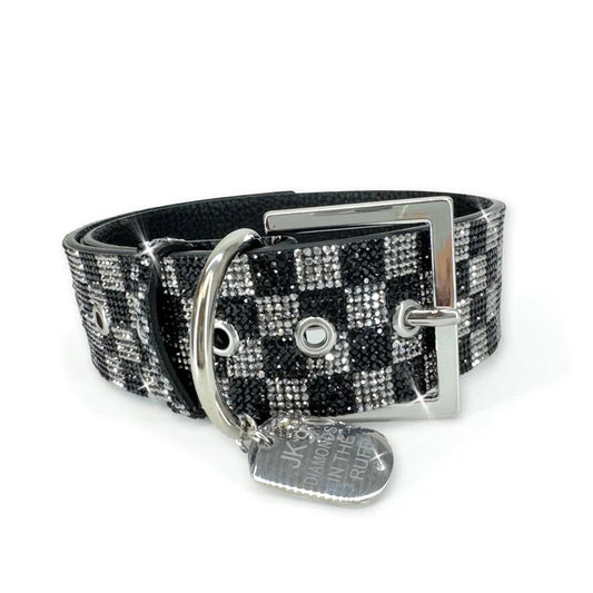 Luxury Dark Grey Check Print Dog Collar – Silver Hardware | Soft Vegan Leather, Adjustable Sizes