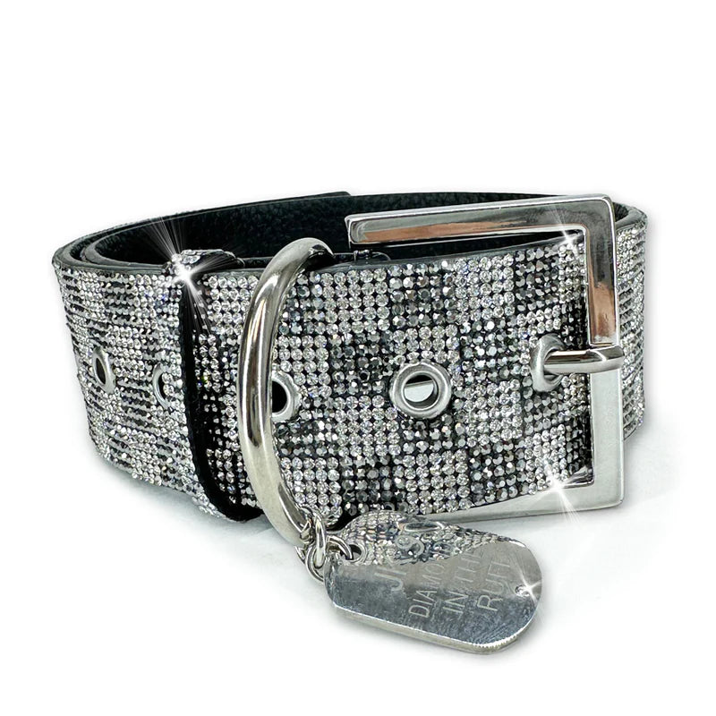 Luxury Light Grey Check Print Dog Collar – Silver Hardware | Soft Vegan Leather, Adjustable Sizes
