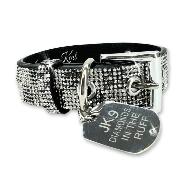 Luxury Light Grey Check Print Dog Collar – Silver Hardware | Soft Vegan Leather, Adjustable Sizes