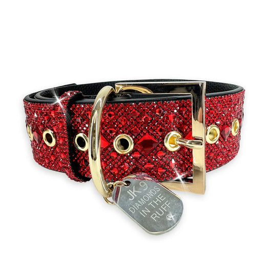 Luxury Ruby Red Print Dog Collar – Gold Hardware | Soft Vegan Leather, Adjustable Sizes