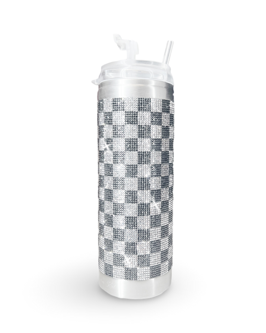 Crystal-Embellished 20oz Stainless Steel Tumbler – Light Grey Check