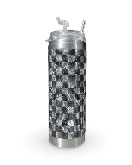 Crystal-Embellished 20oz Stainless Steel Tumbler – Dark Grey Check