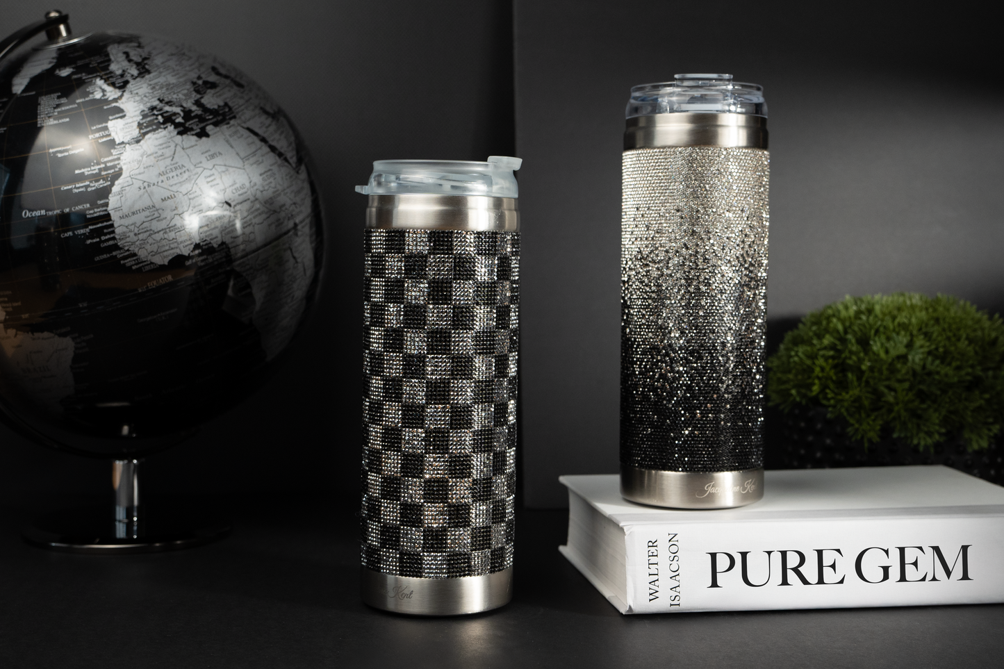 Crystal-Embellished 20oz Stainless Steel Tumbler – Dark Grey Check
