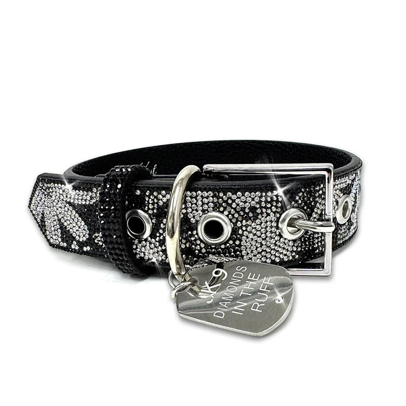 Luxury Black Floral Print Dog Collar – Silver Hardware | Soft Vegan Leather, Adjustable Sizes