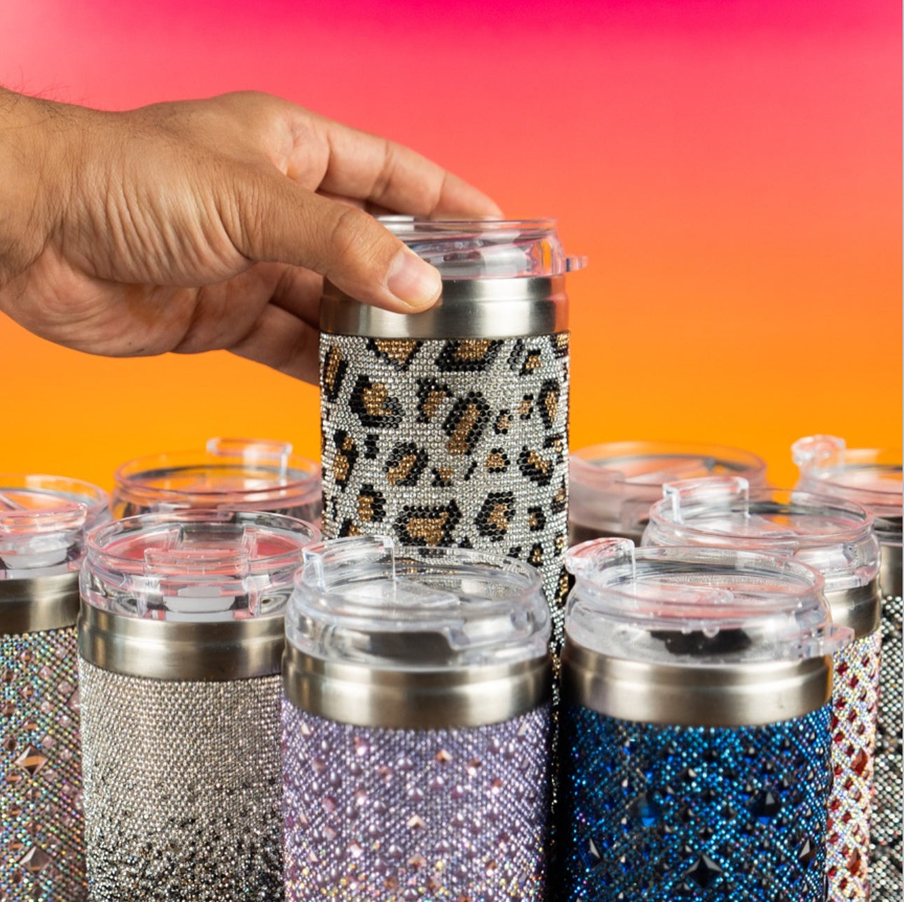 Crystal-Embellished 20oz Stainless Steel Tumbler – Silver Leopard