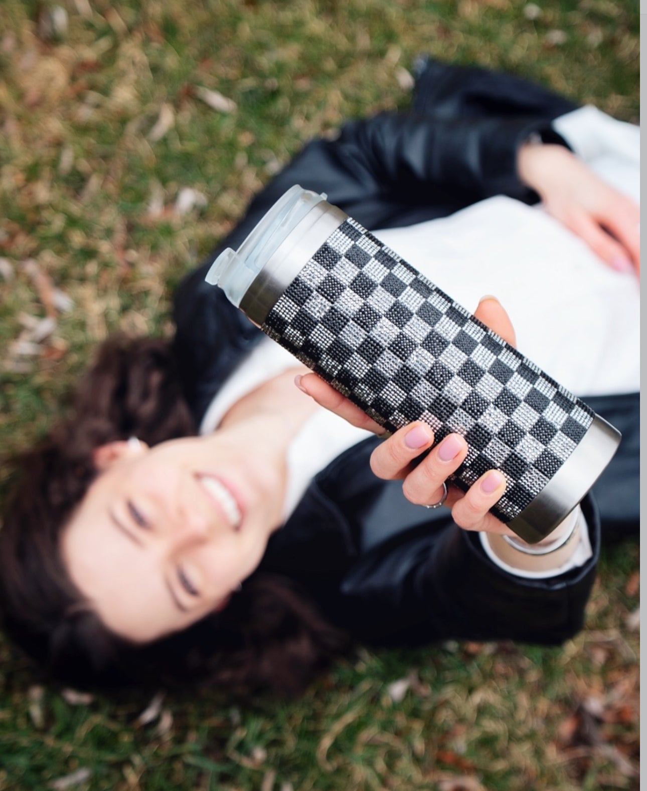 Crystal-Embellished 20oz Stainless Steel Tumbler – Dark Grey Check