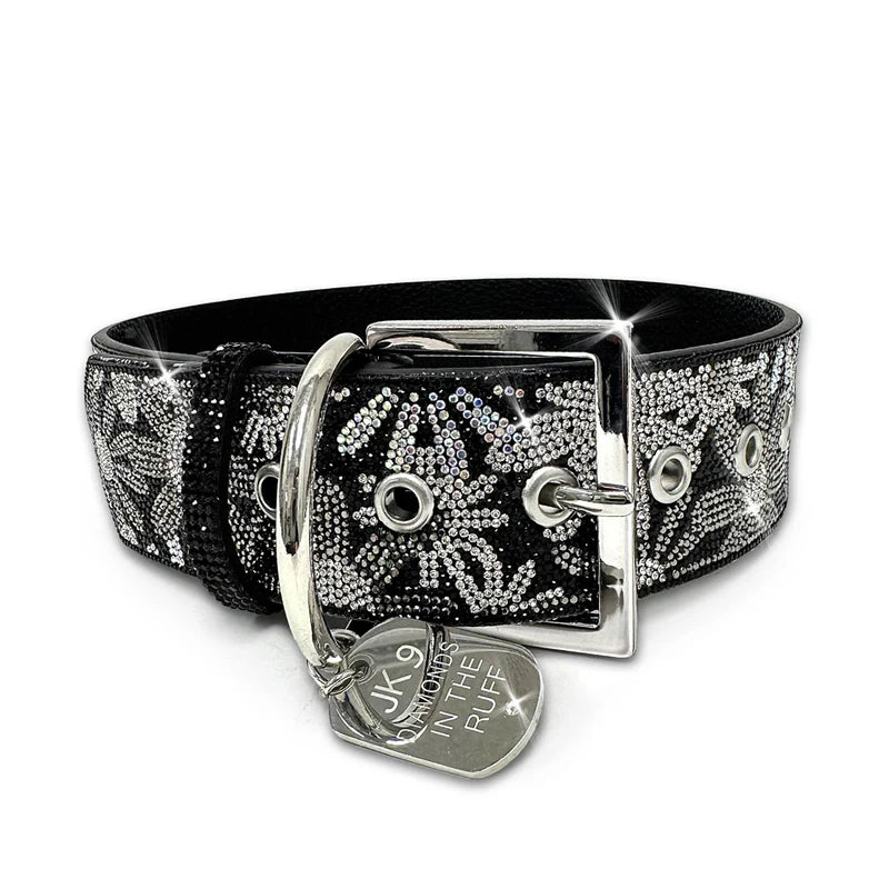 Luxury Black Floral Print Dog Collar – Silver Hardware | Soft Vegan Leather, Adjustable Sizes