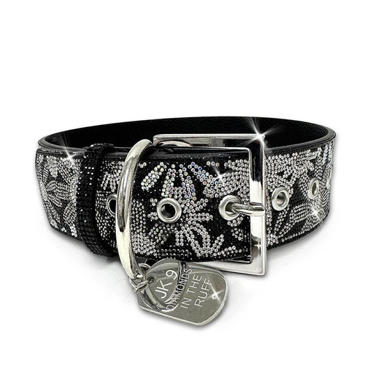 Luxury Black Floral Print Dog Collar – Silver Hardware | Soft Vegan Leather, Adjustable Sizes