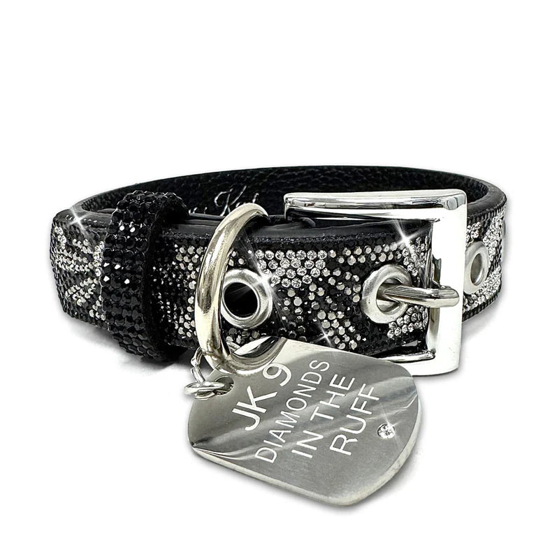 Luxury Black Floral Print Dog Collar – Silver Hardware | Soft Vegan Leather, Adjustable Sizes