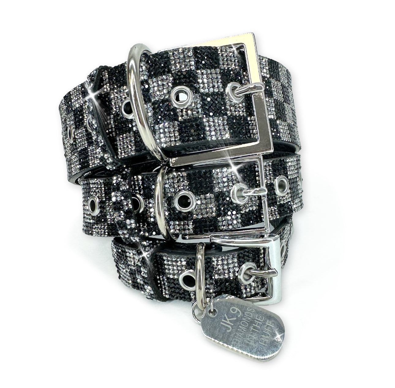 Luxury Dark Grey Check Print Dog Collar – Silver Hardware | Soft Vegan Leather, Adjustable Sizes