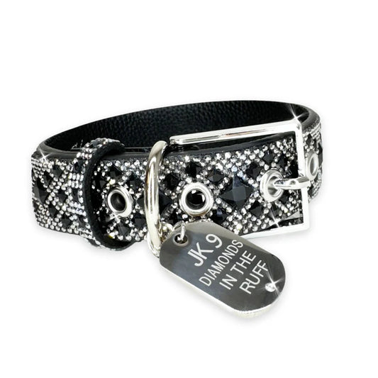 Luxury Black Diamond Print Dog Collar – Silver Hardware | Soft Vegan Leather, Adjustable Sizes