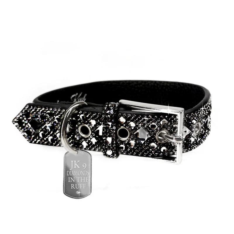 Luxury Black Diamond Print Dog Collar – Silver Hardware | Soft Vegan Leather, Adjustable Sizes