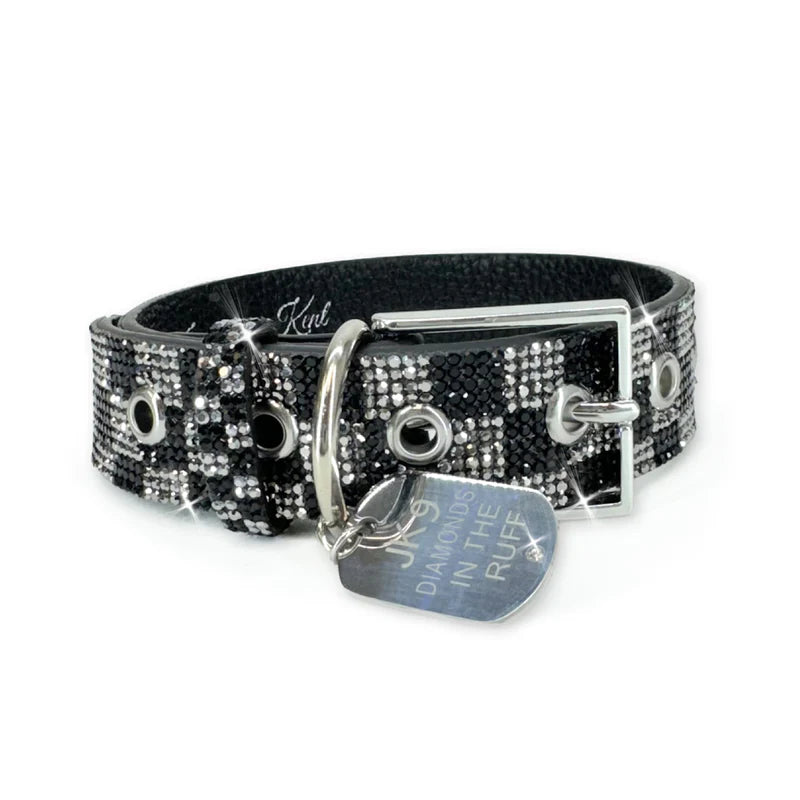 Luxury Dark Grey Check Print Dog Collar – Silver Hardware | Soft Vegan Leather, Adjustable Sizes