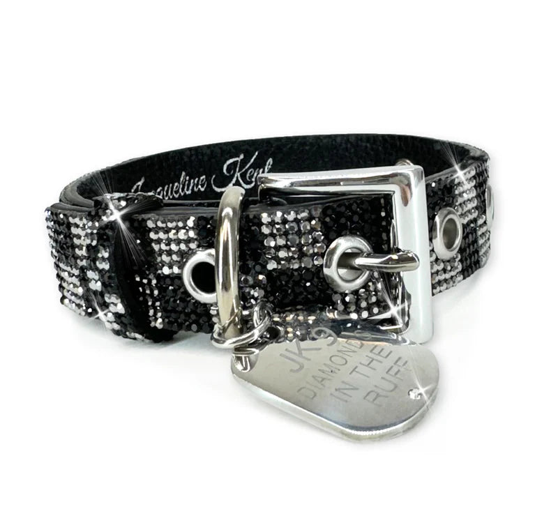 Luxury Dark Grey Check Print Dog Collar – Silver Hardware | Soft Vegan Leather, Adjustable Sizes