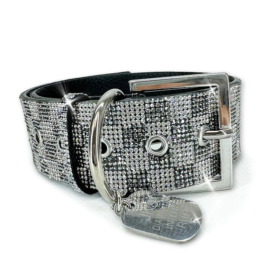 Luxury Light Grey Check Print Dog Collar – Silver Hardware | Soft Vegan Leather, Adjustable Sizes