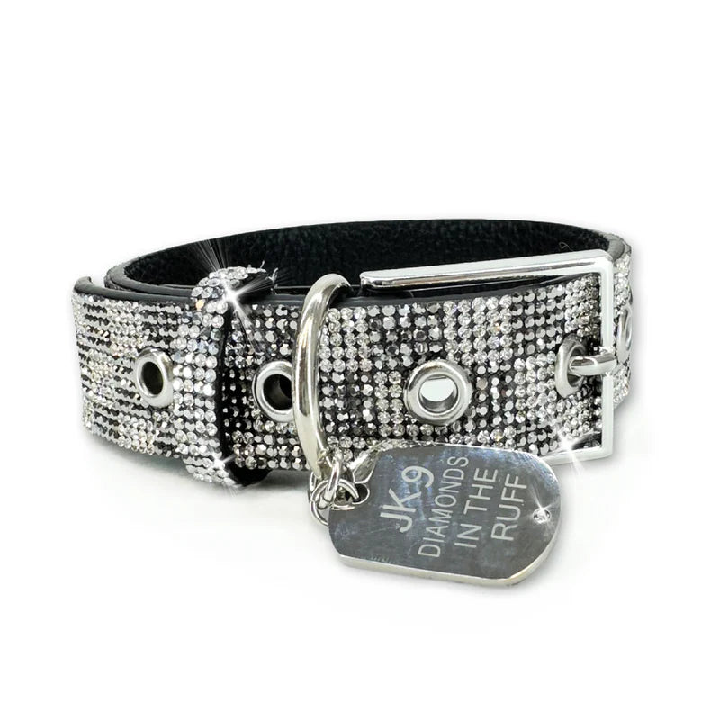 Luxury Light Grey Check Print Dog Collar – Silver Hardware | Soft Vegan Leather, Adjustable Sizes