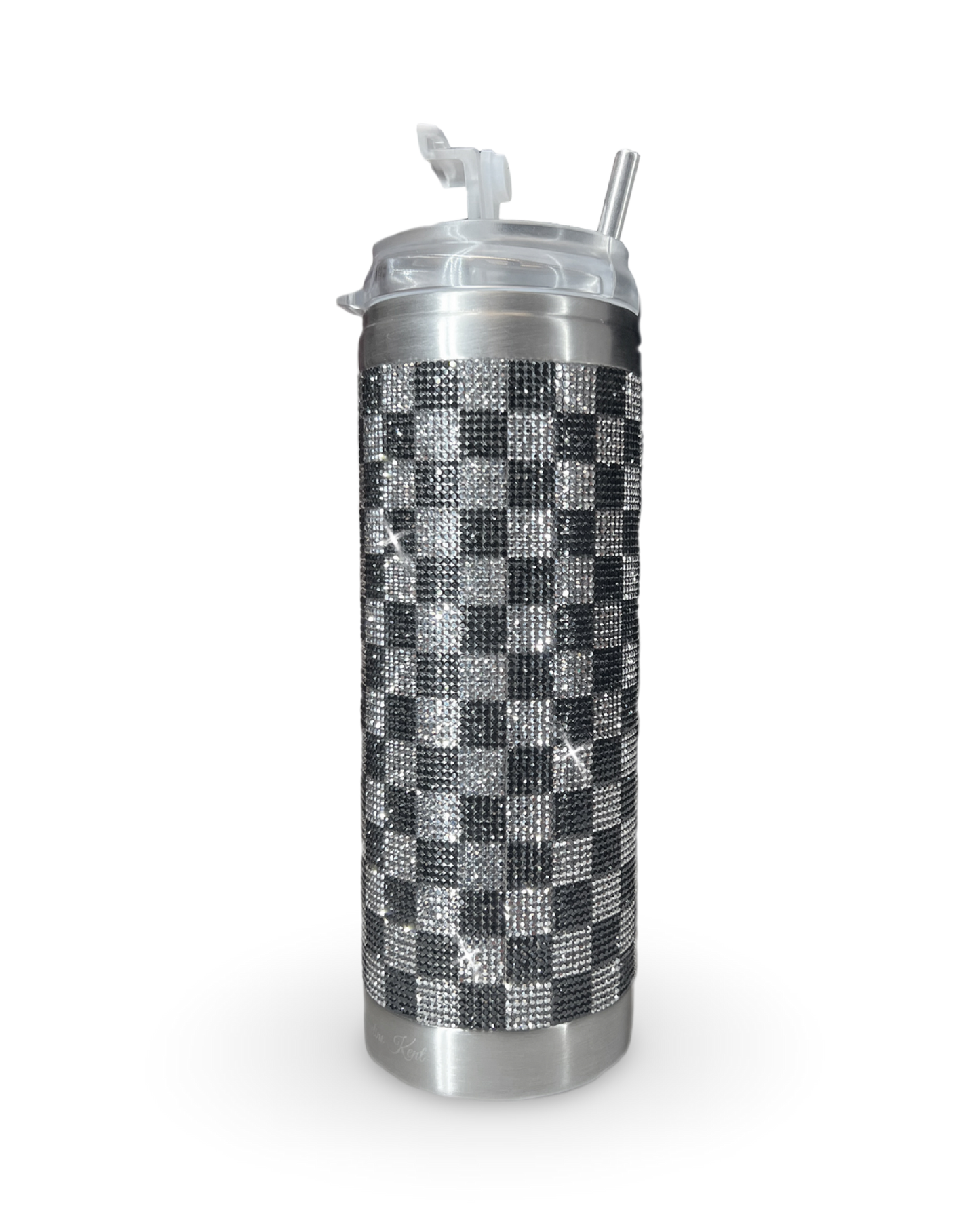 Crystal-Embellished 20oz Stainless Steel Tumbler – Dark Grey Check